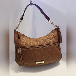 Calvin Klein Women Luggage Medium Brown Quilted Leather Fringe Hobo Bag Handbag